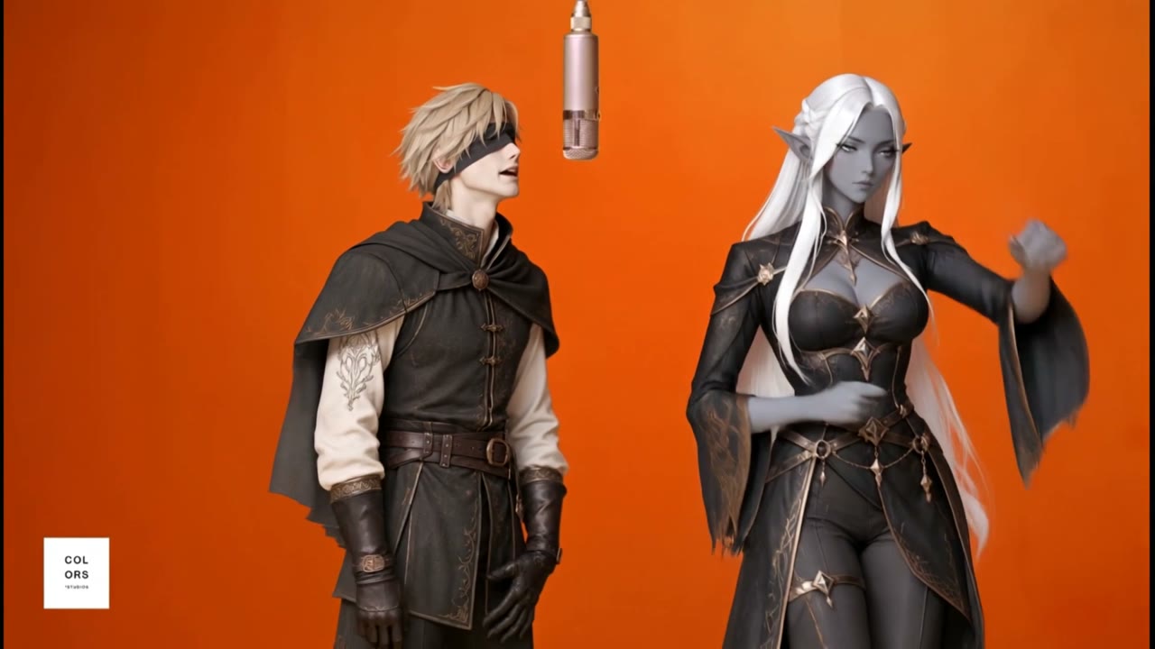 Adventurer × Elf in the orange Hotel Lobby studio