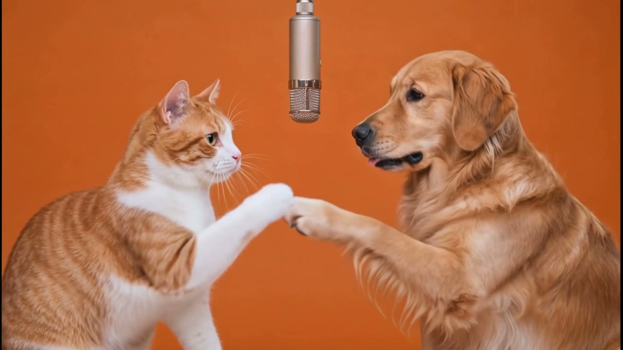 Cat and dog as the two performers in a generated Hotel Lobby video